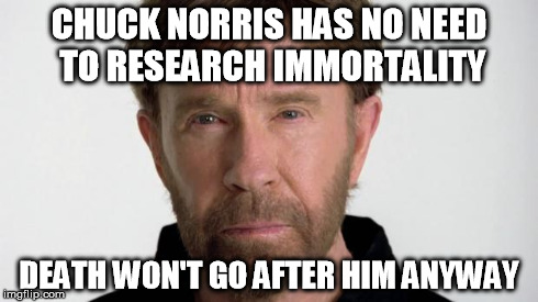 Chuck Norris | CHUCK NORRIS HAS NO NEED TO RESEARCH IMMORTALITY DEATH WON'T GO AFTER HIM ANYWAY | image tagged in chuck norris | made w/ Imgflip meme maker