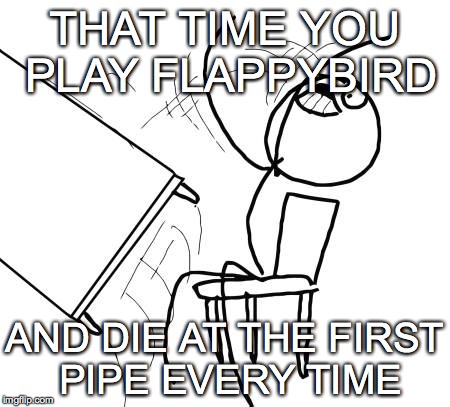 Table Flip Guy Meme | THAT TIME YOU PLAY FLAPPYBIRD AND DIE AT THE FIRST PIPE EVERY TIME | image tagged in memes,table flip guy | made w/ Imgflip meme maker