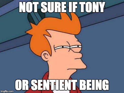 Futurama Fry Meme | NOT SURE IF TONY OR SENTIENT BEING | image tagged in memes,futurama fry | made w/ Imgflip meme maker