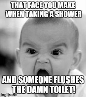 Angry Baby Meme | THAT FACE YOU MAKE WHEN TAKING A SHOWER AND SOMEONE FLUSHES THE DAMN TOILET! | image tagged in memes,angry baby | made w/ Imgflip meme maker