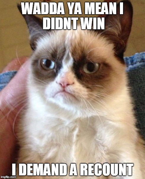 Grumpy Cat | WADDA YA MEAN
I DIDNT WIN I DEMAND A RECOUNT | image tagged in memes,grumpy cat | made w/ Imgflip meme maker