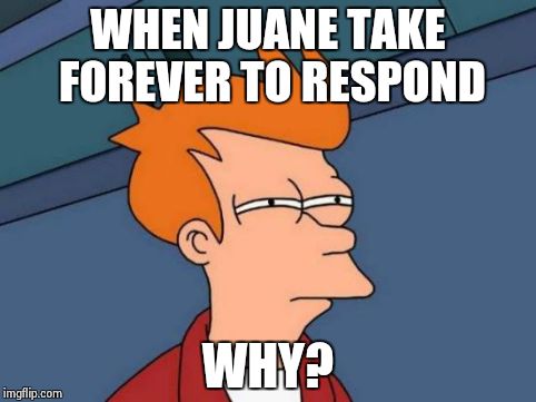 Futurama Fry Meme | WHEN JUANE TAKE FOREVER TO RESPOND WHY? | image tagged in memes,futurama fry | made w/ Imgflip meme maker