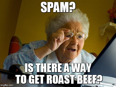 Grandma Finds The Internet | SPAM? IS THERE A WAY TO GET ROAST BEEF? | image tagged in memes,grandma finds the internet | made w/ Imgflip meme maker