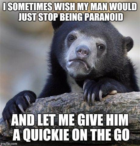 Confession Bear | I SOMETIMES WISH MY MAN WOULD JUST STOP BEING PARANOID AND LET ME GIVE HIM A QUICKIE ON THE GO | image tagged in memes,confession bear | made w/ Imgflip meme maker