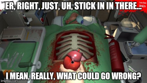 ER, RIGHT, JUST, UH, STICK IN IN THERE... I MEAN, REALLY, WHAT COULD GO WRONG? | image tagged in surgeon simulator,what could go wrong,fail | made w/ Imgflip meme maker