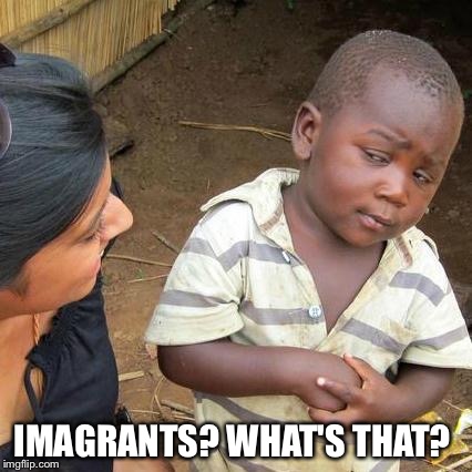 Third World Skeptical Kid Meme | IMAGRANTS? WHAT'S THAT? | image tagged in memes,third world skeptical kid | made w/ Imgflip meme maker