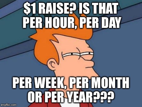 Futurama Fry Meme | $1 RAISE? IS THAT PER HOUR, PER DAY PER WEEK, PER MONTH OR PER YEAR??? | image tagged in memes,futurama fry | made w/ Imgflip meme maker