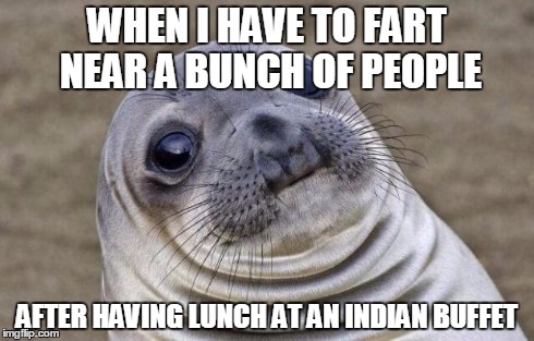 Awkward Moment Sealion | WHEN I HAVE TO FART NEAR A BUNCH OF PEOPLE AFTER HAVING LUNCH AT AN INDIAN BUFFET | image tagged in memes,awkward moment sealion | made w/ Imgflip meme maker