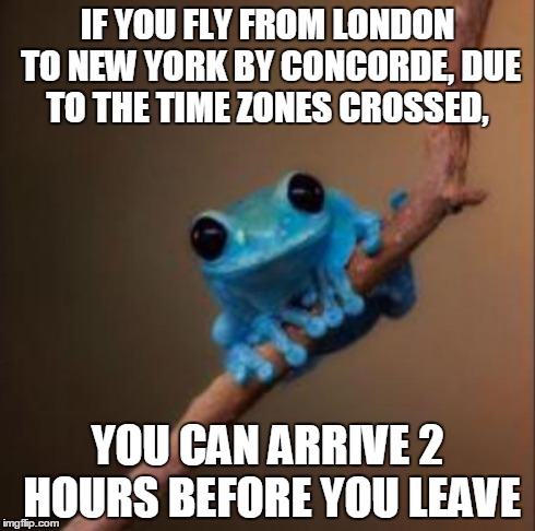 The Concorde was a supersonic passenger jet, by the way. | IF YOU FLY FROM LONDON TO NEW YORK BY CONCORDE, DUE TO THE TIME ZONES CROSSED, YOU CAN ARRIVE 2 HOURS BEFORE YOU LEAVE | image tagged in small fact frog,seriously,this is true | made w/ Imgflip meme maker
