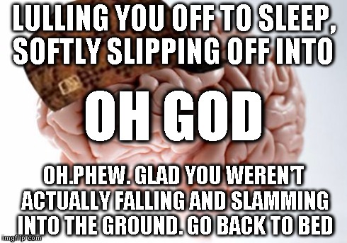 Scumbag Brain Meme | LULLING YOU OFF TO SLEEP, SOFTLY SLIPPING OFF INTO OH.PHEW. GLAD YOU WEREN'T ACTUALLY FALLING AND SLAMMING INTO THE GROUND. GO BACK TO BED O | image tagged in memes,scumbag brain | made w/ Imgflip meme maker