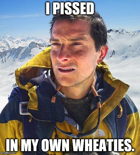 Bear Grylls | I PISSED IN MY OWN WHEATIES. | image tagged in memes,bear grylls | made w/ Imgflip meme maker