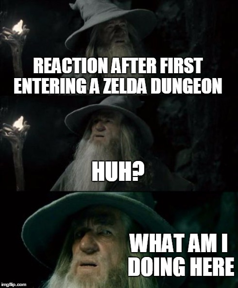 Confused Gandalf | REACTION AFTER FIRST ENTERING A ZELDA DUNGEON HUH? WHAT AM I DOING HERE | image tagged in memes,confused gandalf | made w/ Imgflip meme maker