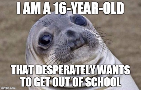 Awkward Moment Sealion Meme | I AM A 16-YEAR-OLD THAT DESPERATELY WANTS TO GET OUT OF SCHOOL | image tagged in memes,awkward moment sealion | made w/ Imgflip meme maker