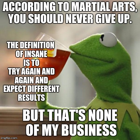 But That's None Of My Business | ACCORDING TO MARTIAL ARTS, YOU SHOULD NEVER GIVE UP. THE DEFINITION OF INSANE IS TO TRY AGAIN AND AGAIN AND EXPECT DIFFERENT RESULTS BUT THA | image tagged in memes,but thats none of my business,kermit the frog | made w/ Imgflip meme maker