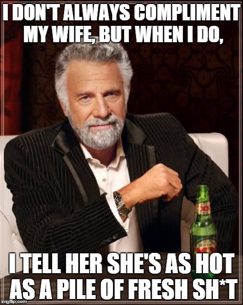 The Most Interesting Man In The World | I DON'T ALWAYS COMPLIMENT MY WIFE, BUT WHEN I DO, I TELL HER SHE'S AS HOT AS A PILE OF FRESH SH*T | image tagged in memes,the most interesting man in the world | made w/ Imgflip meme maker