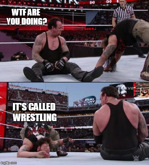 Wrestlemania 31 Wyatt vs Taker the conversation that should have happened | WTF ARE YOU DOING? IT'S CALLED WRESTLING | image tagged in the undertaker,wwe,wtf,confused,wrestlemania,wrestling | made w/ Imgflip meme maker