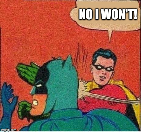 robin strikes back | NO I WON'T! | image tagged in robin strikes back | made w/ Imgflip meme maker