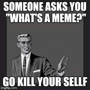 Kill Yourself Guy | SOMEONE ASKS YOU "WHAT'S A MEME?" GO KILL YOUR SELLF | image tagged in memes,kill yourself guy | made w/ Imgflip meme maker