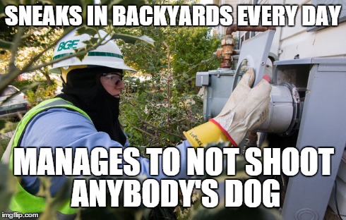 meter checker | SNEAKS IN BACKYARDS EVERY DAY MANAGES TO NOT SHOOT ANYBODY'S DOG | image tagged in cops | made w/ Imgflip meme maker
