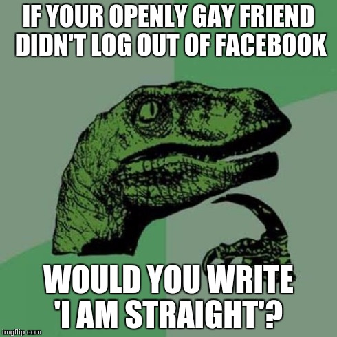 Philosoraptor Meme | IF YOUR OPENLY GAY FRIEND DIDN'T LOG OUT OF FACEBOOK WOULD YOU WRITE 'I AM STRAIGHT'? | image tagged in memes,philosoraptor | made w/ Imgflip meme maker