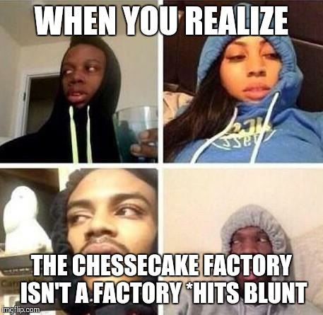 *Hits blunt | WHEN YOU REALIZE THE CHESSECAKE FACTORY ISN'T A FACTORY *HITS BLUNT | image tagged in hits blunt | made w/ Imgflip meme maker