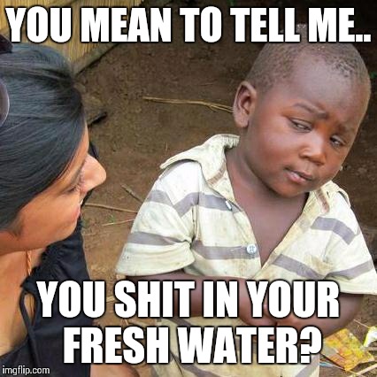 Third World Skeptical Kid | YOU MEAN TO TELL ME.. YOU SHIT IN YOUR FRESH WATER? | image tagged in memes,third world skeptical kid | made w/ Imgflip meme maker
