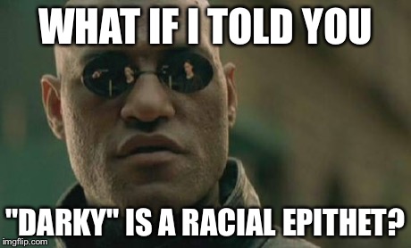 Matrix Morpheus Meme | WHAT IF I TOLD YOU "DARKY" IS A RACIAL EPITHET? | image tagged in memes,matrix morpheus | made w/ Imgflip meme maker