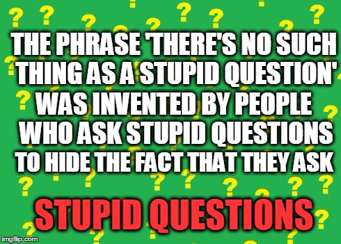 Stupid Questions | THE PHRASE 'THERE'S NO SUCH THING AS A STUPID QUESTION' WAS INVENTED BY PEOPLE WHO ASK STUPID QUESTIONS TO HIDE THE FACT THAT THEY ASK STUPI | image tagged in questions,stupid people,stupidity,question | made w/ Imgflip meme maker