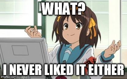 Haruhi Computer | WHAT? I NEVER LIKED IT EITHER | image tagged in haruhi computer | made w/ Imgflip meme maker
