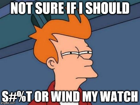 Futurama Fry | NOT SURE IF I SHOULD S#%T OR WIND MY WATCH | image tagged in memes,futurama fry | made w/ Imgflip meme maker