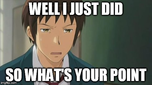 Kyon WTF | WELL I JUST DID SO WHAT'S YOUR POINT | image tagged in kyon wtf | made w/ Imgflip meme maker