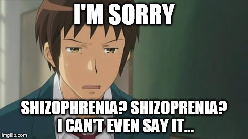 Kyon WTF | I'M SORRY SHIZOPHRENIA? SHIZOPRENIA? I CAN'T EVEN SAY IT... | image tagged in kyon wtf | made w/ Imgflip meme maker