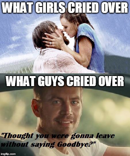 WHAT GIRLS CRIED OVER WHAT GUYS CRIED OVER | image tagged in furious 7,the notebook | made w/ Imgflip meme maker