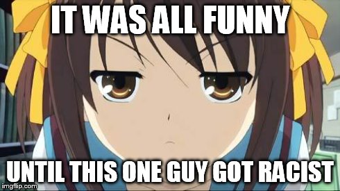 Haruhi stare | IT WAS ALL FUNNY UNTIL THIS ONE GUY GOT RACIST | image tagged in haruhi stare | made w/ Imgflip meme maker