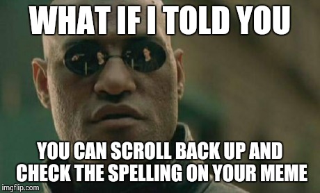 Matrix Morpheus Meme | WHAT IF I TOLD YOU YOU CAN SCROLL BACK UP AND CHECK THE SPELLING ON YOUR MEME | image tagged in memes,matrix morpheus | made w/ Imgflip meme maker