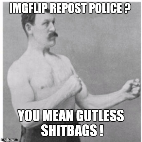 Overly Manly Man Meme | IMGFLIP REPOST POLICE ? YOU MEAN GUTLESS SHITBAGS ! | image tagged in memes,overly manly man | made w/ Imgflip meme maker