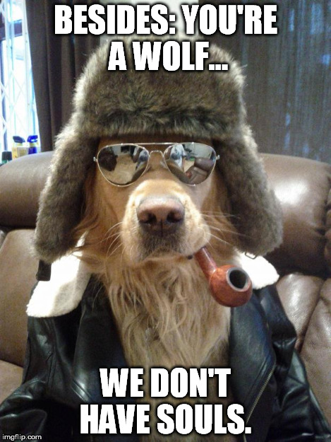 Napalm Dog | BESIDES: YOU'RE A WOLF... WE DON'T HAVE SOULS. | image tagged in napalm dog | made w/ Imgflip meme maker