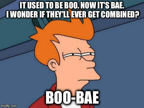 Futurama Fry Meme | IT USED TO BE BOO.
NOW IT'S BAE. I WONDER IF THEY'LL EVER GET COMBINED? BOO-BAE | image tagged in memes,futurama fry | made w/ Imgflip meme maker