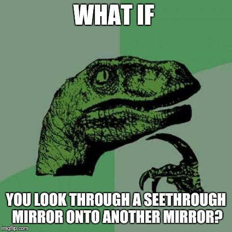 Philosoraptor | WHAT IF YOU LOOK THROUGH A SEETHROUGH MIRROR ONTO ANOTHER MIRROR? | image tagged in memes,philosoraptor | made w/ Imgflip meme maker