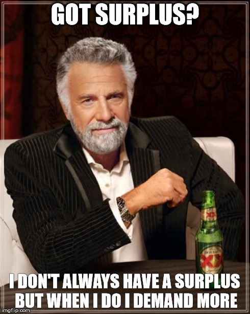 The Most Interesting Man In The World Meme | GOT SURPLUS? I DON'T ALWAYS HAVE A SURPLUS BUT WHEN I DO I DEMAND MORE | image tagged in memes,the most interesting man in the world | made w/ Imgflip meme maker