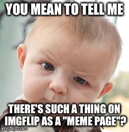 Skeptical Baby | YOU MEAN TO TELL ME THERE'S SUCH A THING ON IMGFLIP AS A "MEME PAGE"? | image tagged in memes,skeptical baby | made w/ Imgflip meme maker