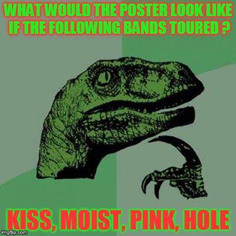 Philosoraptor | WHAT WOULD THE POSTER LOOK LIKE IF THE FOLLOWING BANDS TOURED ? KISS, MOIST, PINK, HOLE | image tagged in memes,philosoraptor | made w/ Imgflip meme maker