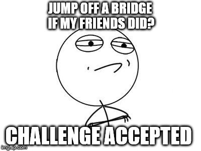 Challenge Accepted Rage Face | JUMP OFF A BRIDGE IF MY FRIENDS DID? CHALLENGE ACCEPTED | image tagged in memes,challenge accepted rage face | made w/ Imgflip meme maker