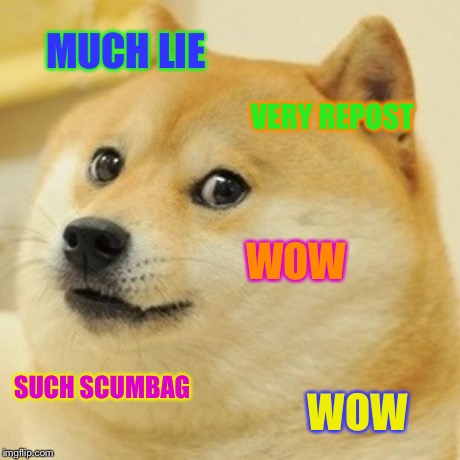 Doge Meme | MUCH LIE VERY REPOST WOW SUCH SCUMBAG WOW | image tagged in memes,doge | made w/ Imgflip meme maker