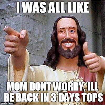 Buddy Christ | I WAS ALL LIKE MOM DONT WORRY, ILL BE BACK IN 3 DAYS TOPS | image tagged in memes,buddy christ | made w/ Imgflip meme maker