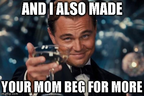 Leonardo Dicaprio Cheers Meme | AND I ALSO MADE YOUR MOM BEG FOR MORE | image tagged in memes,leonardo dicaprio cheers | made w/ Imgflip meme maker