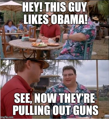 Please don't dislike if this is offensive, its only for laughs. I sincerely respect your opinion. | HEY! THIS GUY LIKES OBAMA! SEE, NOW THEY'RE PULLING OUT GUNS | image tagged in memes,see nobody cares | made w/ Imgflip meme maker