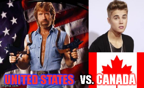 USA vs. Canada: I think everyone can see which one is better. | UNITED STATES CANADA VS. | image tagged in cnjb,chuck norris,justin bieber | made w/ Imgflip meme maker