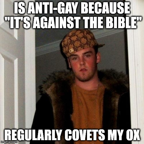 Scumbag Steve | IS ANTI-GAY BECAUSE "IT'S AGAINST THE BIBLE" REGULARLY COVETS MY OX | image tagged in memes,scumbag steve,AdviceAnimals | made w/ Imgflip meme maker