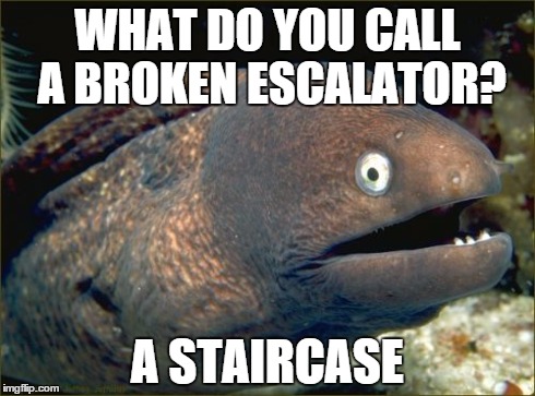 Bad Joke Eel | WHAT DO YOU CALL A BROKEN ESCALATOR? A STAIRCASE | image tagged in memes,bad joke eel | made w/ Imgflip meme maker